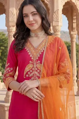 Women Ethnic Motifs Embroidered Regular Thread Work Kurta with Trousers & With Dupatta