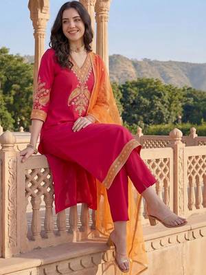 Women Ethnic Motifs Embroidered Regular Thread Work Kurta with Trousers & With Dupatta 5