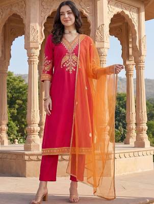 Women Ethnic Motifs Embroidered Regular Thread Work Kurta with Trousers & With Dupatta 6