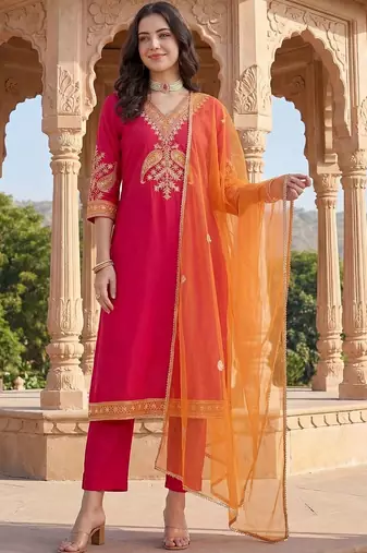 Women Ethnic Motifs Embroidered Regular Thread Work Kurta with Trousers & With Dupatta