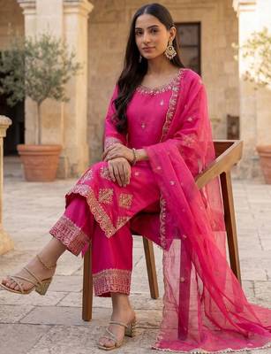 Women Ethnic Motifs Embroidered Regular Kurta with Trousers & With Dupatta 5