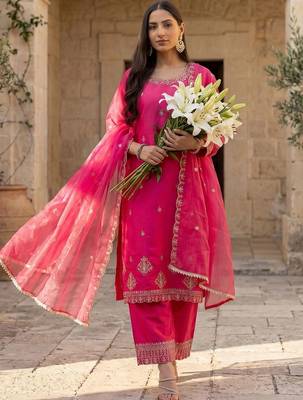 Women Ethnic Motifs Embroidered Regular Kurta with Trousers & With Dupatta 6
