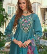 Women Floral Embroidered Regular Thread Work Liva Kurta with Trousers & With Dupatta