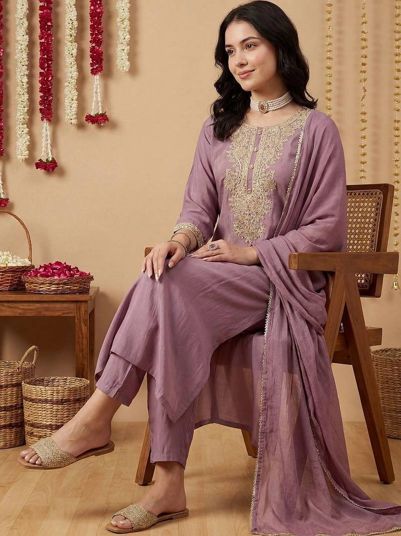 Women Ethnic Motifs Embroidered Regular Thread Work Kurta with Trousers & With Dupatta
