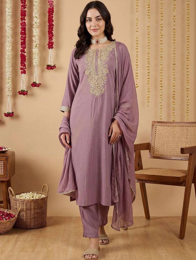 Women Ethnic Motifs Embroidered Regular Thread Work Kurta with Trousers & With Dupatta
