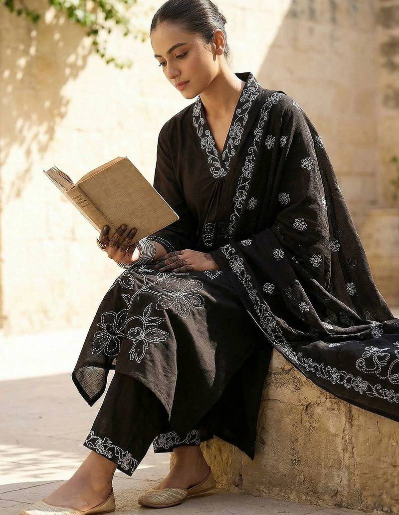 Women Floral Embroidered Regular Thread Work Pure Cotton Kurta with Trousers & With Dupatta