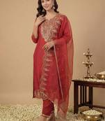 Women Ethnic Motifs Embroidered Regular Thread Work Liva Kurta with Trousers & With Dupatta