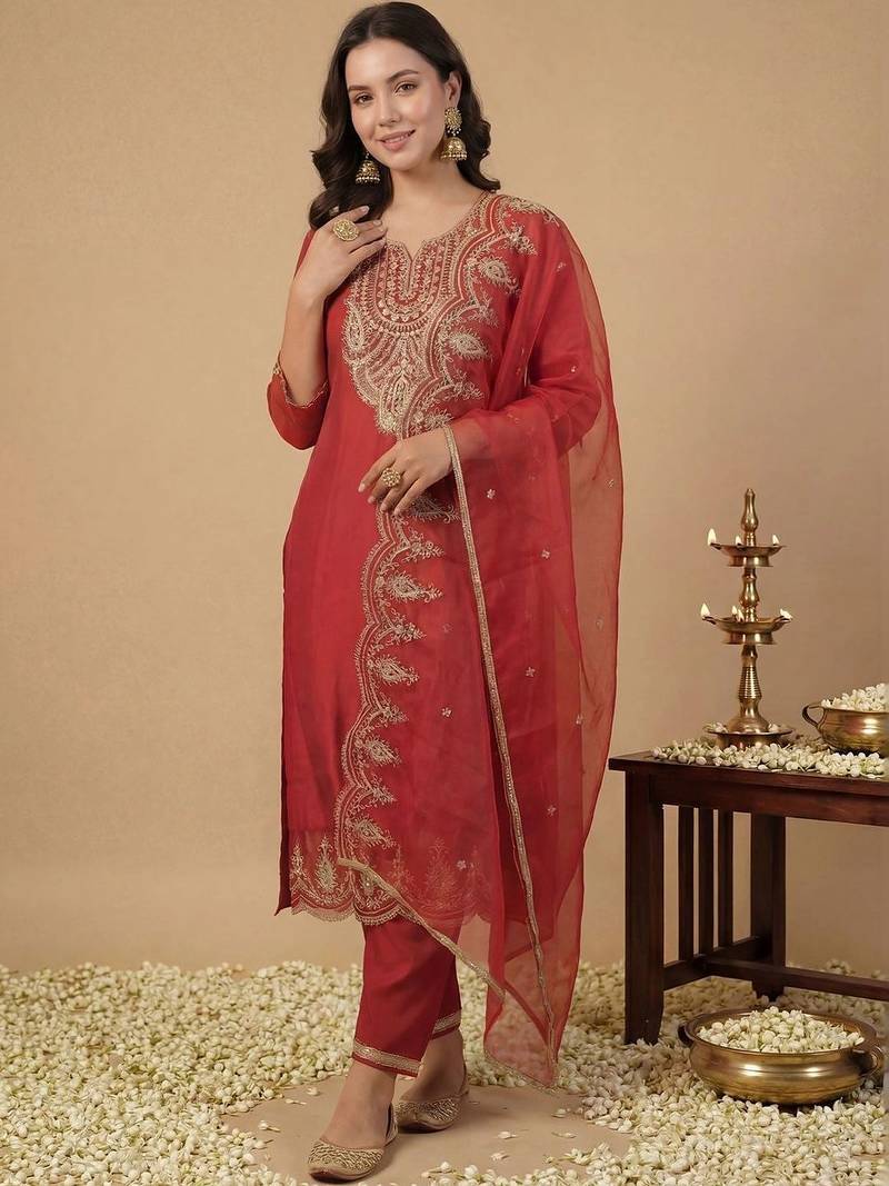 Women Ethnic Motifs Embroidered Regular Thread Work Liva Kurta with Trousers & With Dupatta