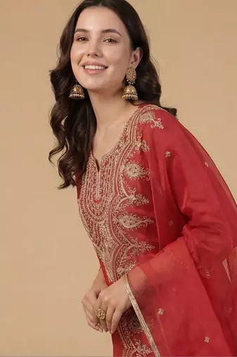 Women Ethnic Motifs Embroidered Regular Thread Work Liva Kurta with Trousers & With Dupatta