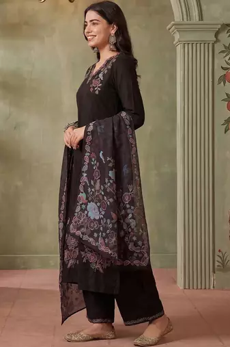 Women Floral Embroidered Regular Thread Work Kurta with Palazzos & With Dupatta