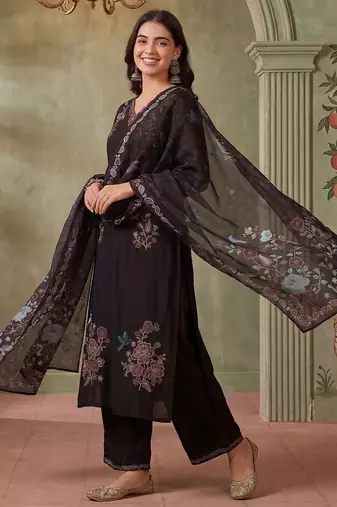 Women Floral Embroidered Regular Thread Work Kurta with Palazzos & With Dupatta