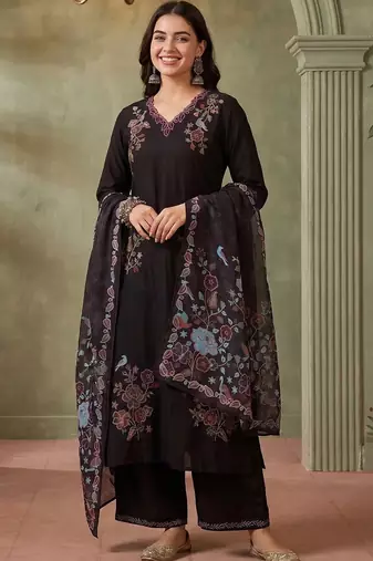 Women Floral Embroidered Regular Thread Work Kurta with Palazzos & With Dupatta