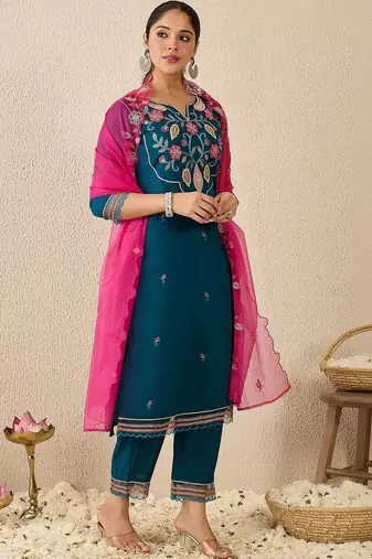 Women Ethnic Motifs Embroidered Regular Thread Work Kurta with Trousers & With Dupatta