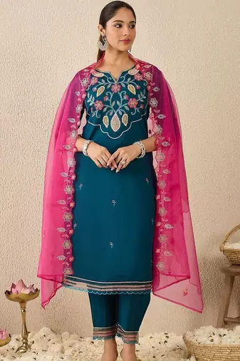 Women Ethnic Motifs Embroidered Regular Thread Work Kurta with Trousers & With Dupatta