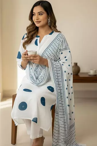 Women Printed Regular Pure Cotton Kurta with Trousers & With Dupatta