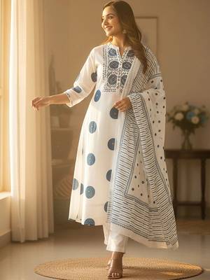Women Printed Regular Pure Cotton Kurta with Trousers & With Dupatta 7
