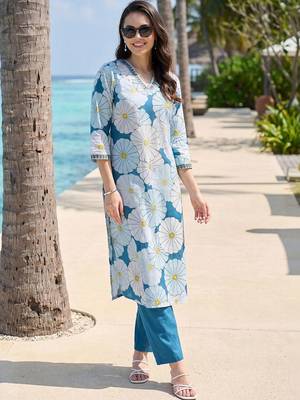 Women Floral Printed Regular Pure Cotton Kurta with Trousers 5