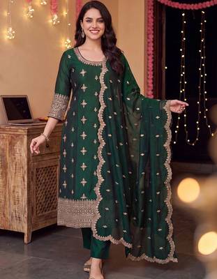 Women Ethnic Motifs Embroidered Regular Kurta with Trousers & With Dupatta 1