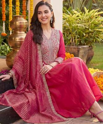 Women Ethnic Motifs Embroidered Regular Kurta with Trousers & With Dupatta 5