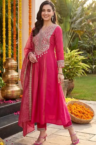 Women Ethnic Motifs Embroidered Regular Kurta with Trousers & With Dupatta