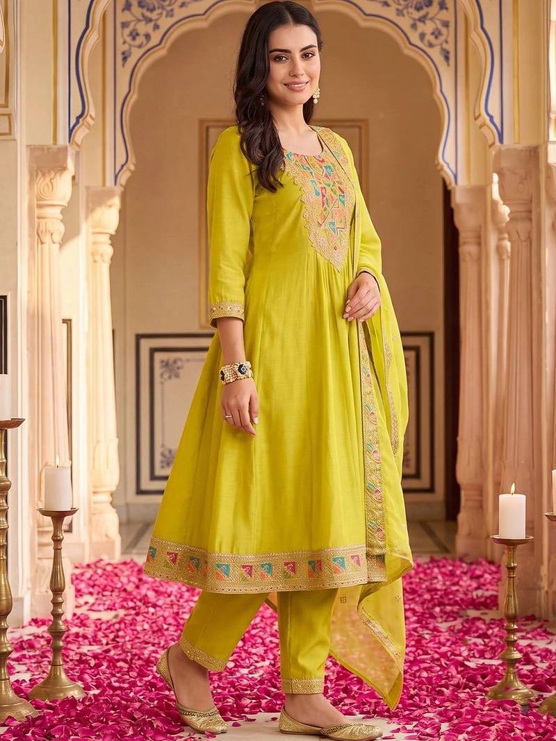 Women Ethnic Motifs Embroidered Empire Thread Work Kurta with Trousers & With Dupatta