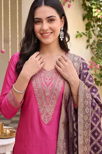 Women Ethnic Motifs Embroidered Regular Thread Work Kurta with Trousers & With Dupatta