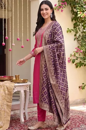 Women Ethnic Motifs Embroidered Regular Thread Work Kurta with Trousers & With Dupatta