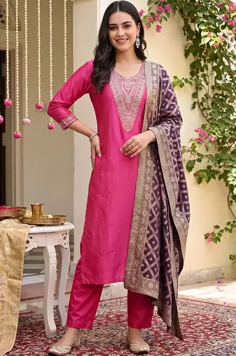 Women Ethnic Motifs Embroidered Regular Thread Work Kurta with Trousers & With Dupatta