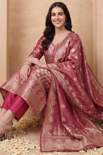 Women Ethnic Motifs Regular Kurta with Trousers & With Dupatta