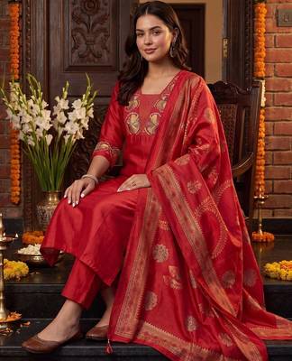 Women Ethnic Motifs Embroidered Regular Kurta with Trousers & With Dupatta 3