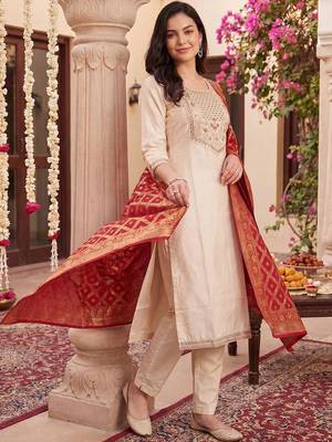 Women Ethnic Motifs Embroidered Regular Thread Work Kurta with Trousers & With Dupatta 1