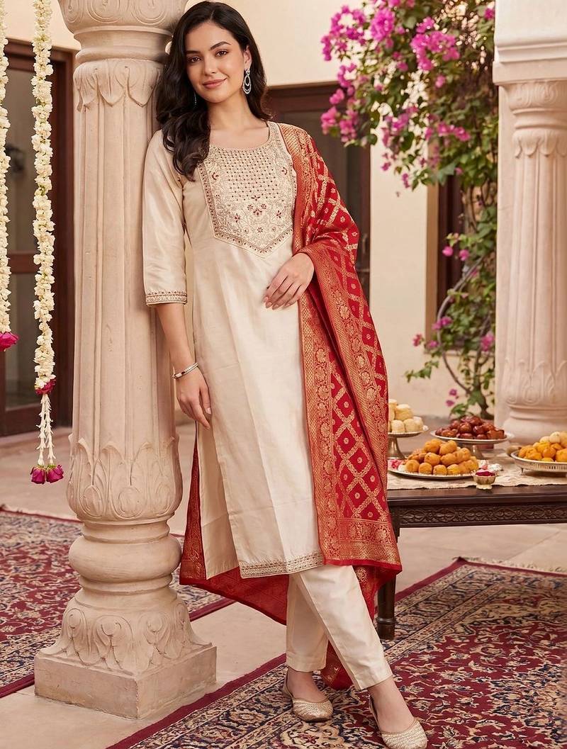 Women Ethnic Motifs Embroidered Regular Thread Work Kurta with Trousers & With Dupatta