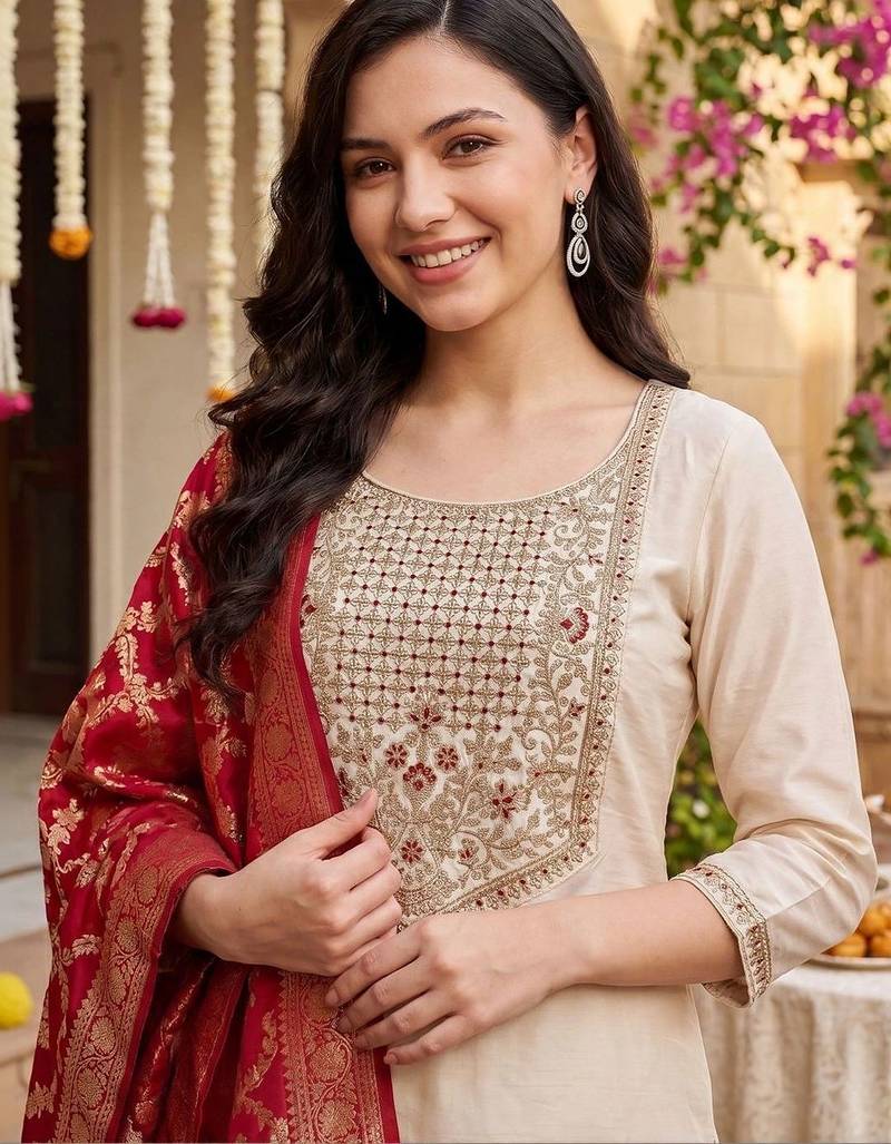 Women Ethnic Motifs Embroidered Regular Thread Work Kurta with Trousers & With Dupatta