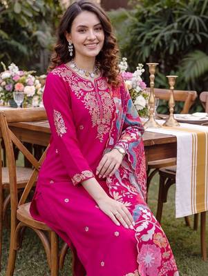 Women Ethnic Motifs Embroidered Regular Thread Work Kurta with Trousers & With Dupatta 5