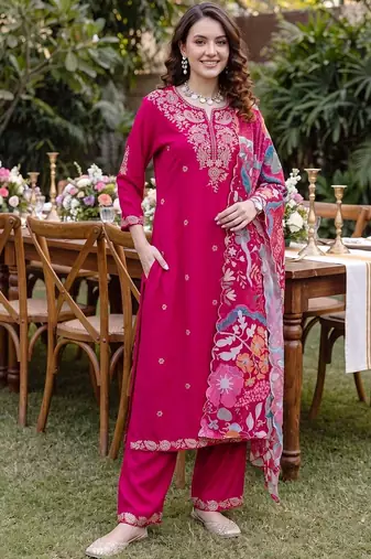 Women Ethnic Motifs Embroidered Regular Thread Work Kurta with Trousers & With Dupatta