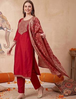 Women Ethnic Motifs Embroidered Regular Kurta with Trousers & With Dupatta 1