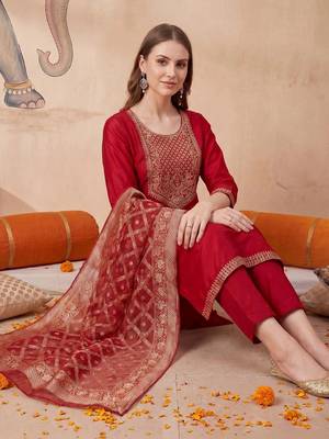 Women Ethnic Motifs Embroidered Regular Kurta with Trousers & With Dupatta 5