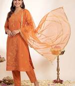 Women Ethnic Motifs Embroidered Regular Thread Work Kurta with Trousers & With Dupatta
