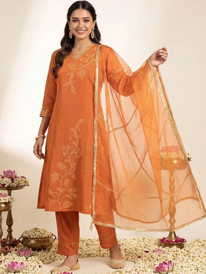 Women Ethnic Motifs Embroidered Regular Thread Work Kurta with Trousers & With Dupatta