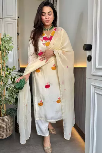 Embroidery Roman Chanderi Fabric Straight Kurta Pant and Dupatta Set