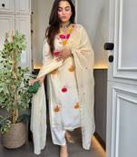 Embroidery Roman Chanderi Fabric Straight Kurta Pant and Dupatta Set