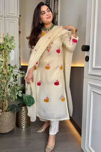 Embroidery Roman Chanderi Fabric Straight Kurta Pant and Dupatta Set
