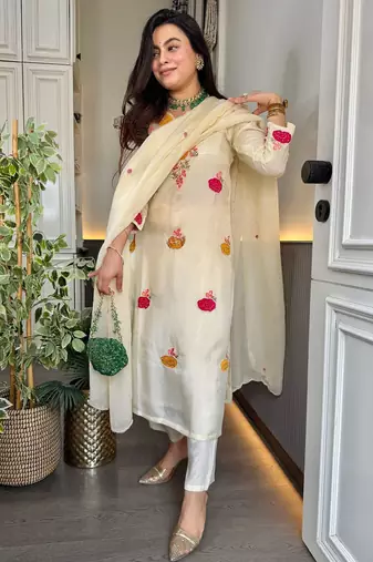 Embroidery Roman Chanderi Fabric Straight Kurta Pant and Dupatta Set