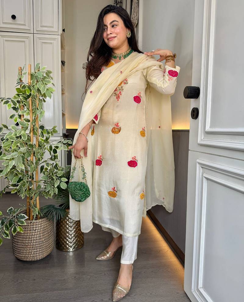 Embroidery Roman Chanderi Fabric Straight Kurta Pant and Dupatta Set