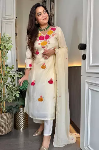 Embroidery Roman Chanderi Fabric Straight Kurta Pant and Dupatta Set