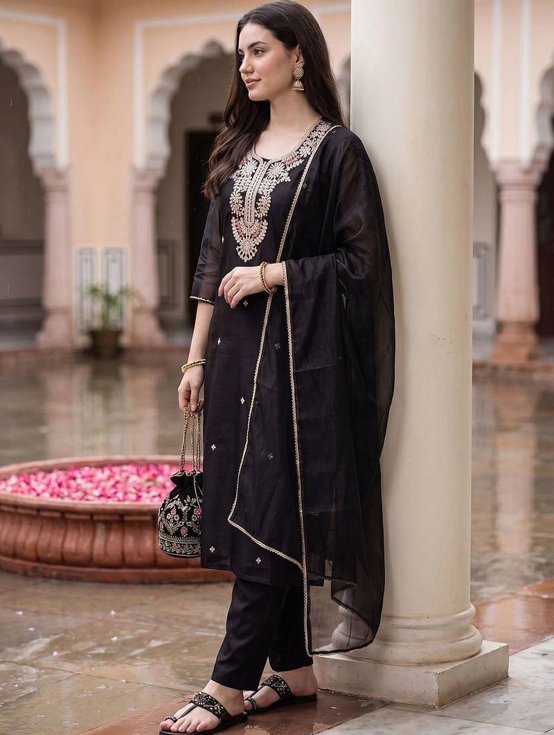 Women Ethnic Motifs Embroidered Regular Thread Work Kurta with Trousers & With Dupatta