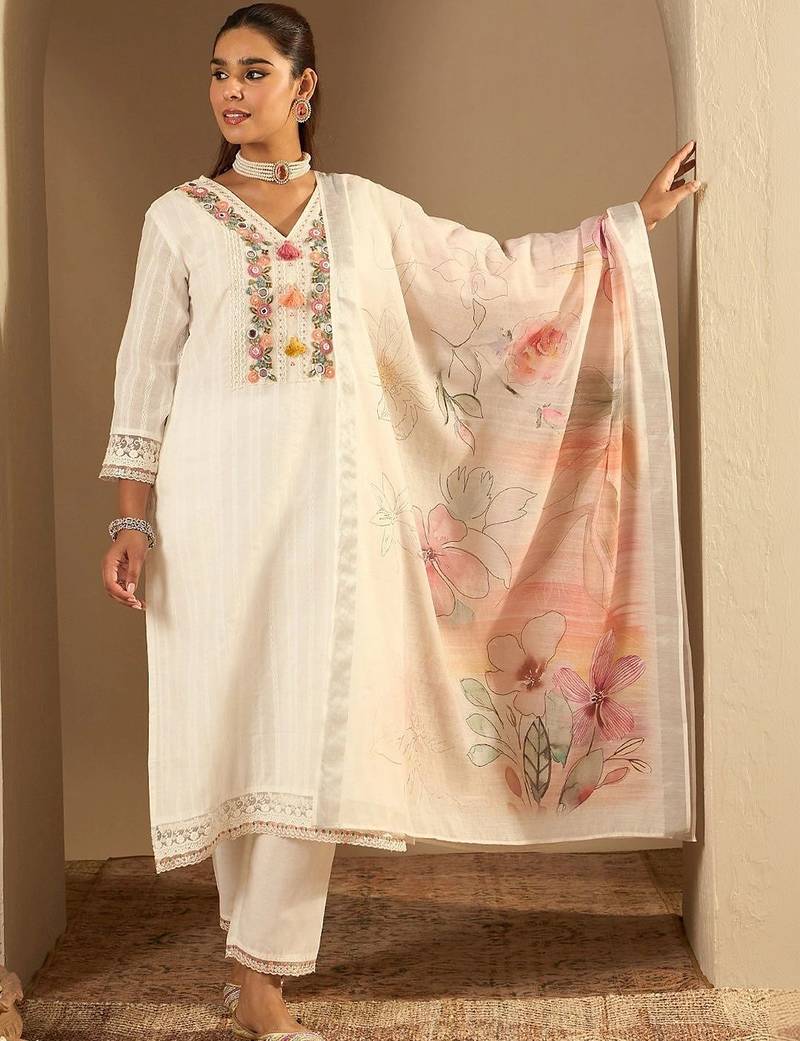 Women Ethnic Motifs Embroidered Regular Mirror Work Pure Cotton Kurta with Trousers & With Dupatta