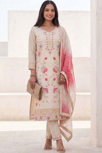 Women Floral Embroidered Regular Mirror Work Kurta with Trousers & With Dupatta