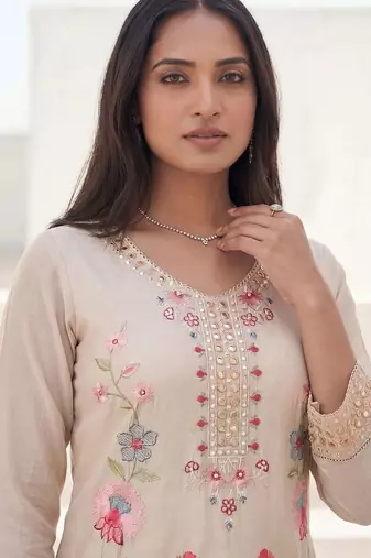Women Floral Embroidered Regular Mirror Work Kurta with Trousers & With Dupatta