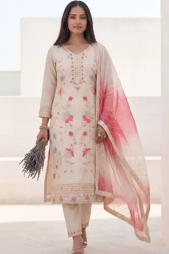 Women Floral Embroidered Regular Mirror Work Kurta with Trousers & With Dupatta